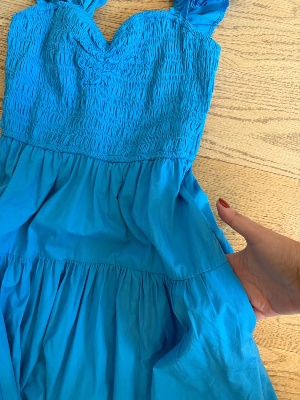 Abercrombie & Fitch Ruffle Strap Smocked Midi Dress in Blue